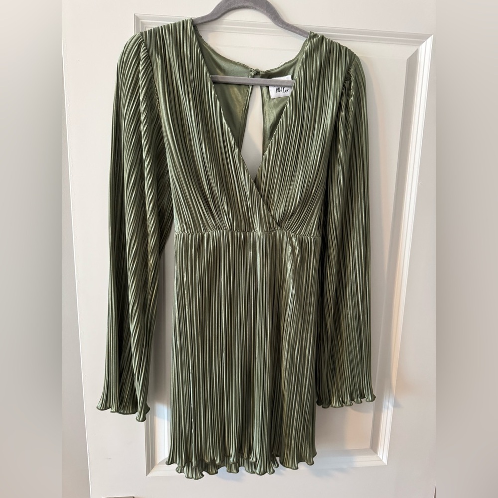 Princess Polly metallic olive green dress with long sleeves